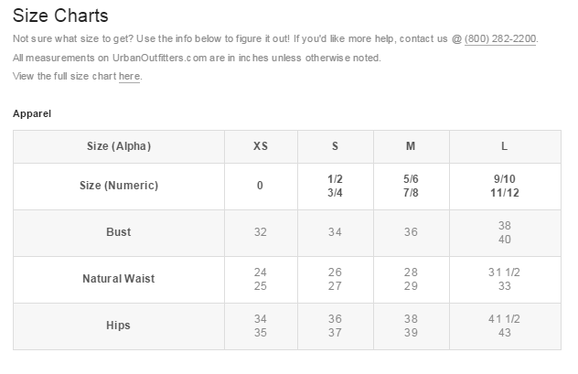 Urban Outfitters Size Chart